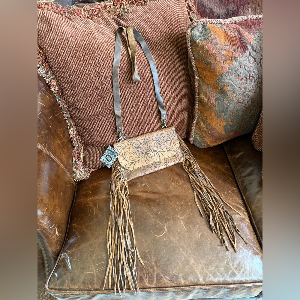 Keep It Gypsy Acid Brown Stamped Cowhide Genuine Leather Fringe Cross Body